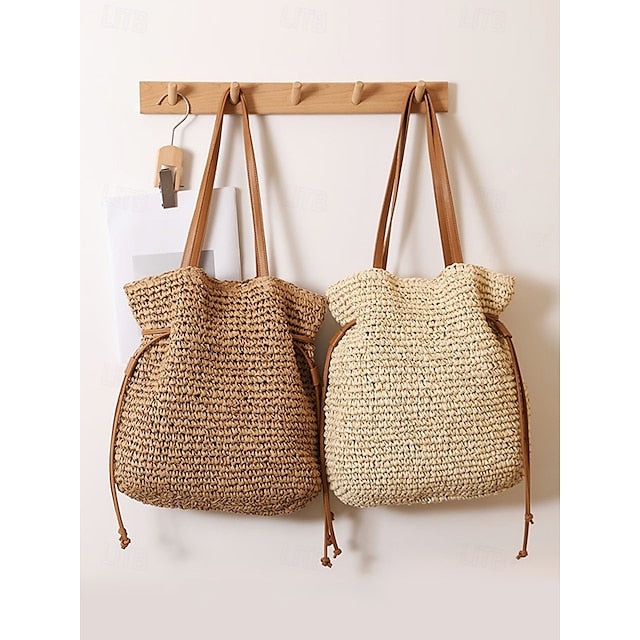 Handwoven Straw Bucket Bag – Boho Drawstring Shoulder Tote, Lightweight Summer Beach Handbag for Women, Casual Vacation & Travel Accessory Color Beige Coffee