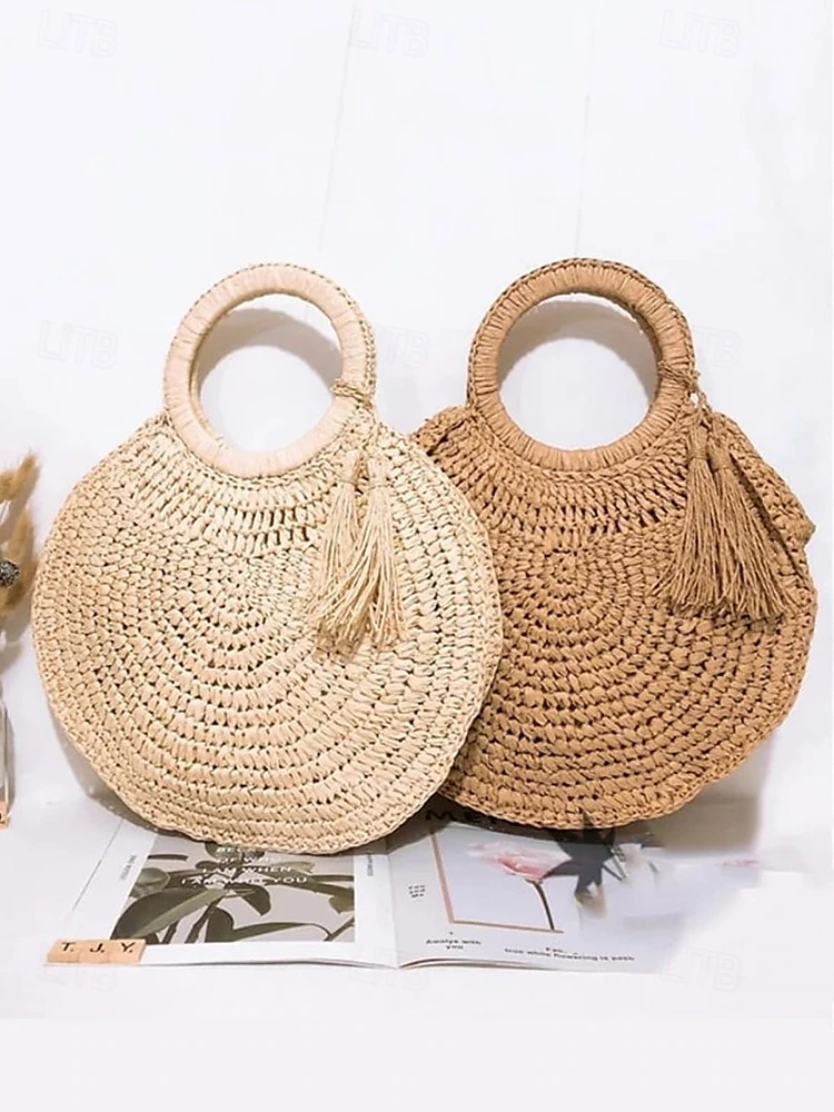 Women's Large Capacity Handmade Woven Straw Round Tote Bag - Bohemian Beach Tote with Tassels, Summer Vacation Rattan Wallet for Travel, Shopping and Vacation Brown Beige