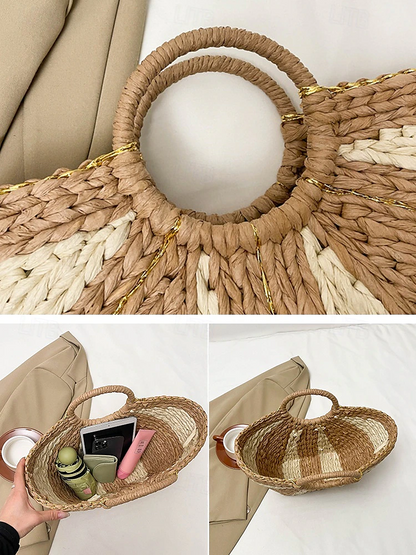 Women’s Stylish Woven Straw Beach Bag with Circular Handles, Large Capacity, Eco-friendly Boho Design, Perfect for Summer, Vacations and Day Trips